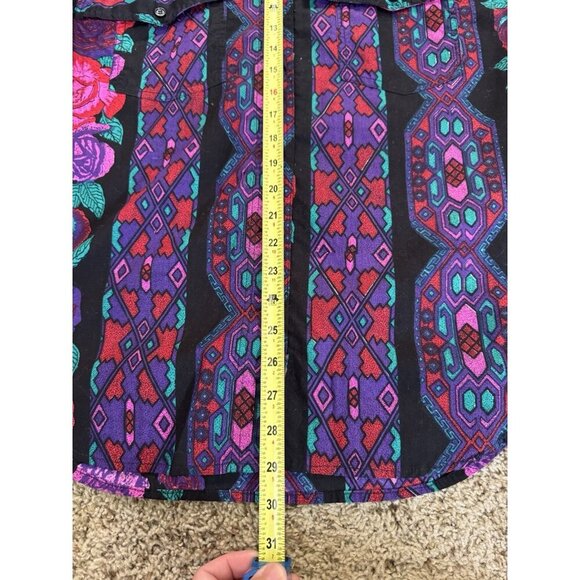 ADOBE ROSE Vtg Purple Floral Button Shirt Western Rodeo Aztec Rockabilly LARGE - Picture 12 of 12